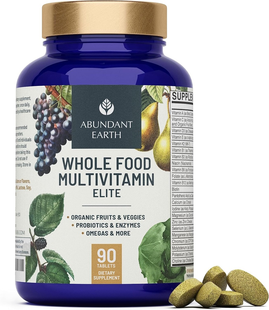 Abundant Earth Whole Food Multivitamin for Women, Daily Multi Vitamins Supplements for Men/Mens Multivitamins + B Complex, Probiotic Multi Enzyme, Omegas for Organic Energy, Mood, Digestion 90ct