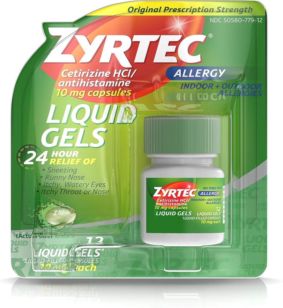 Zyrtec 24 ώρες Εσωτερική & Εξωτερική Αλλεργία Υγρά Τζελ, Αντιισταμινικά Καψάκια με Υδροχλωρική Τσετιριζίνη για All-Day Αλλεργική Ανακούφιση, 12 ct (Pack of 2)
