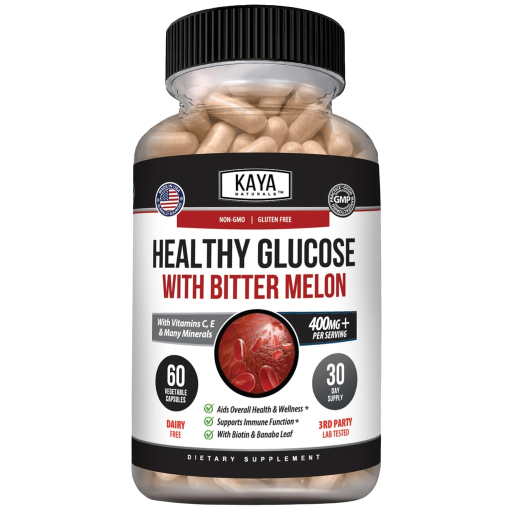Kaya Naturals Healthy Gluco with Bittermelon Supplement | Support Healthy Levels and Function, 20 Herbs Vitamins and Minerals, Alpha Lipoic Acide, Cinnamon, Vitamin C & E, Non-GMO (60 Count)