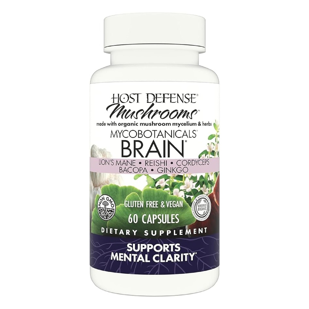 Host Defense MycoBotanicals Brain* Κάψουλες - Συμπληρώματα υποστήριξης εγκεφάλου με το Mane του Λέοντος, Reishi & Cordyceps Mushroom - συμπλήρωμα βοτάνων για την υποστήριξη μνήμης & εστίασης - 60 κάψουλες (30 υπηρεσίες)*