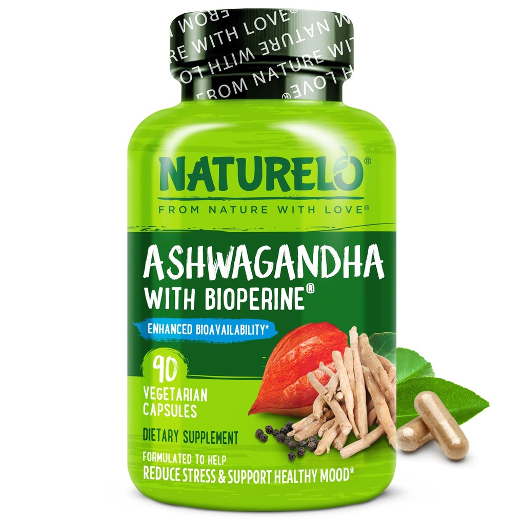 NATURELO Ashwagandha Organic Root Powder - Natural Herbs Supplement for Fatigue, Stress Relief, Mood Enhancer - with Black Pepper Extract - 90 Vegan Capsles