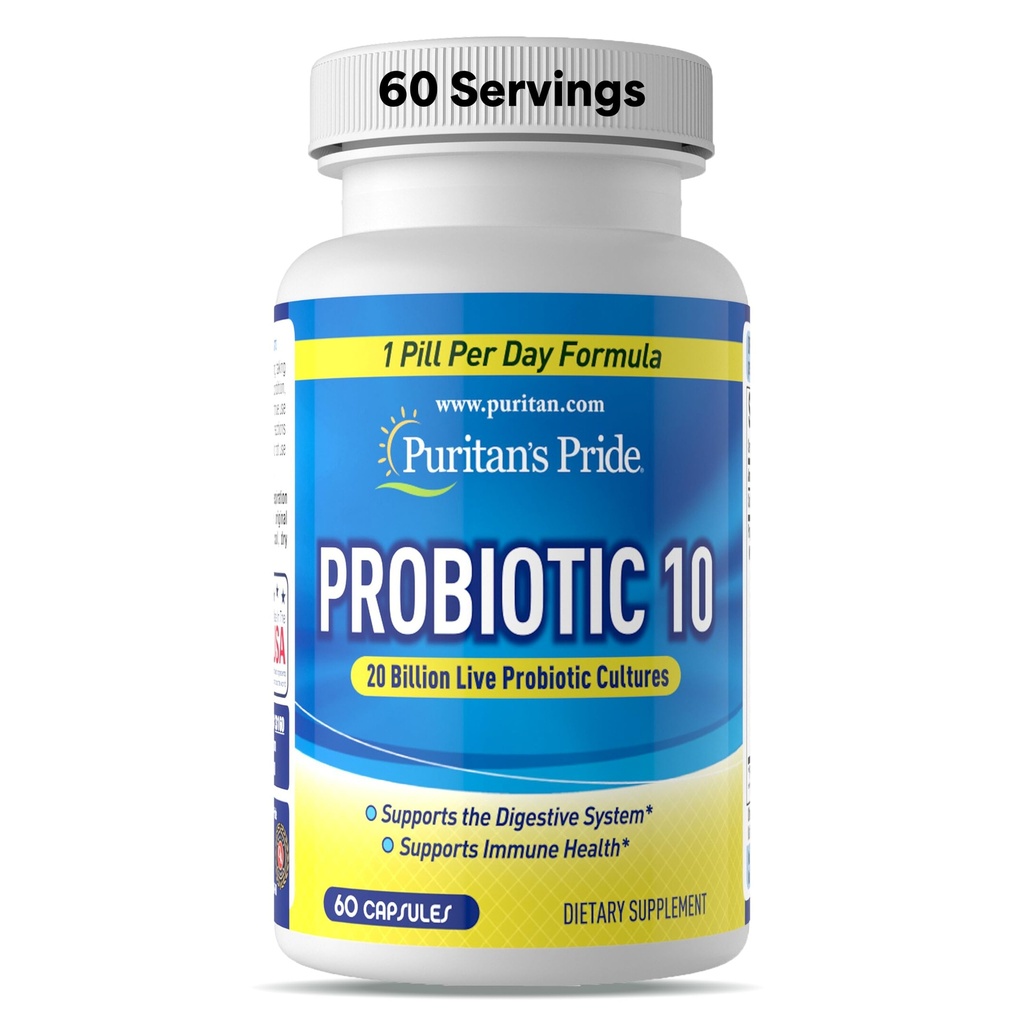 Puritan's Pride Probiotic 10 με βιταμίνη D για να βοηθήσει στην υποστήριξη της υγείας του ανοσοποιητικού συστήματος*, 60 Count, White