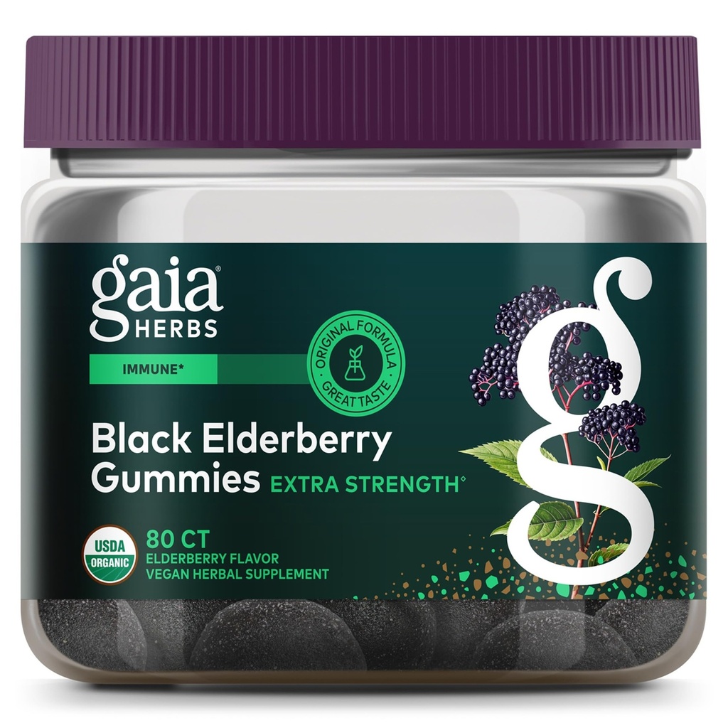 Gaia Herbs Black Elderberry (Sambucus Nigra) Extra Strength Gummies - Υπέροχο συμπλήρωμα υποστήριξης του ανοσοποιητικού - Made with Certified Organic Black Elderberries for Immune System Support - 80 Gummies