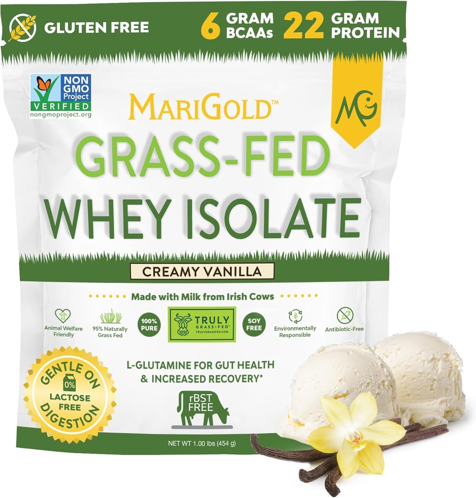 MariGold Grass-fed Whey Protein Isolate Powder - Κρέμα Βανίλια Γεύση - 1 Lb Τσάντα 100% Αμιγής, Ψυχρή-Processed, Micro-Filtered, Μη-GMO, RBGH Δωρεάν, Χωρίς σόγια, Χωρίς γλουτένη, Χωρίς λακτόζη