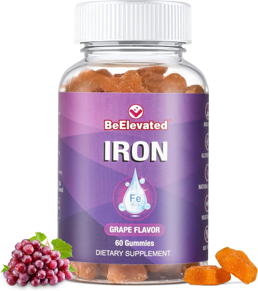 Iron Gummy Vitamin - Gluten Free Supplements for Iron Deficiency for Adults & Kids - Peanut Free Gummies Supplement - Grape Flavor Chewable Vitamins for Women & Men - 60 Count