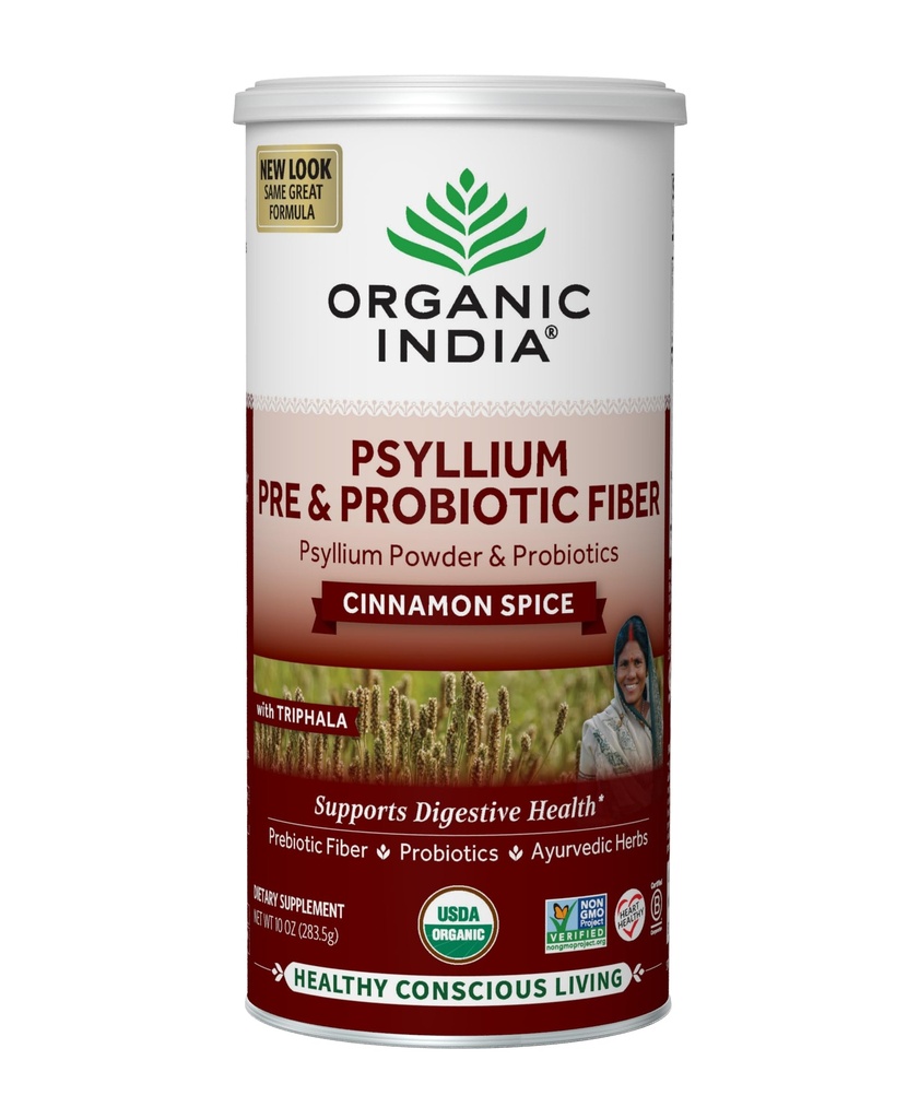 ORGANIC INDIA Psyllium Husk Powder - Pre & Probiotic Fiber Supplement, Organic Psyllium Husk Fiber Supplement with Whole Psyllium Husk, USDA Certified Organic, Vegan, Gluten Free - Cinnamon, 10 Oz