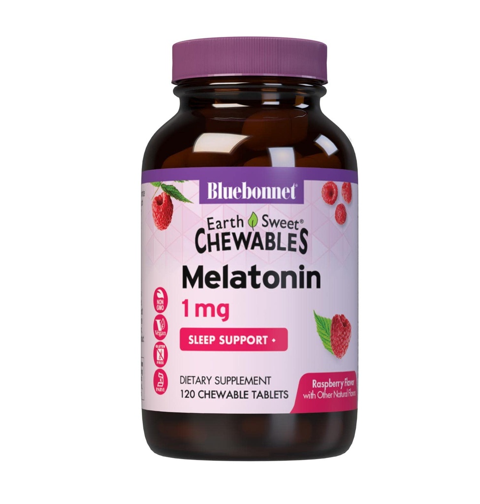 Bluebonnet Nutrition EarthSweet Melatonin 1 mg Γρήγορη Διαλύοντας τη Νύχτα Χαλάρωση & Ξεκούραστη Υποστήριξη Ύπνου - Βοήθεια ύπνου - Χωρίς γλουτένη, Vegan - Βατόμουρο Γεύση - 120 Μασώμενα Δισκία
