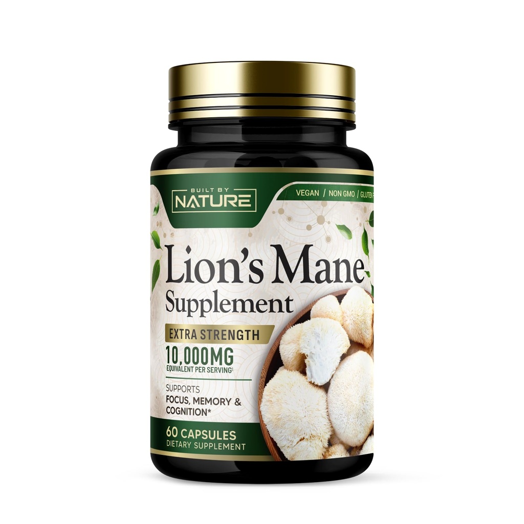Χτισμένο από το Mane του Nature Lion 10.000mg – Extra Strength Mushroom Supplement για Nootropic Brain Support – Εστίαση, Μνήμη και Γνωστική Λειτουργία – Μη ΓΤΟ, Χωρίς Γλουτένη, Vegan - 60 Κάψουλες