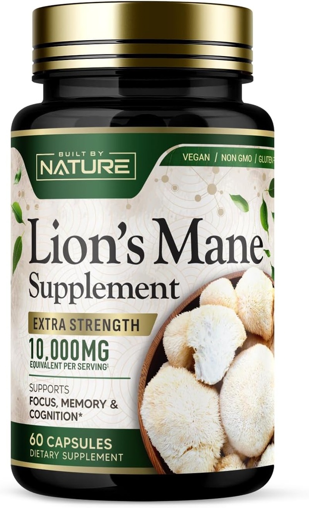 Χτισμένο από το Mane του Nature Lion 10.000mg – Extra Strength Mushroom Supplement για Nootropic Brain Support – Εστίαση, Μνήμη και Γνωστική Λειτουργία – Μη ΓΤΟ, Χωρίς Γλουτένη, Vegan - 60 Κάψουλες