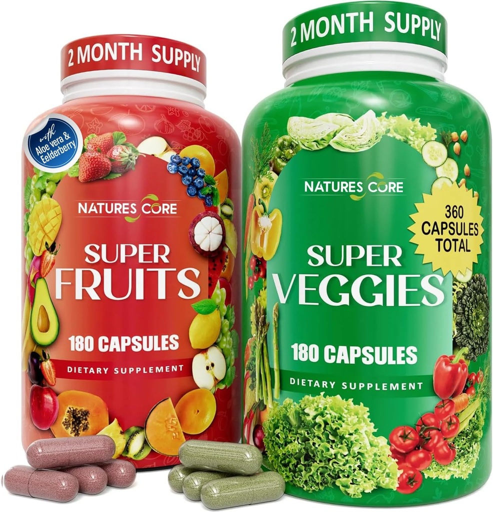 Nature's Core Fruit and Veggie Supplement - 360 Κάψουλες -100% Ολόκληρο Σούπερ Συμπληρώματα Φρούτων και Σούπερ Φυτικών & Βιταμίνης, Made in USA, Soy Free, Vegan- (180 Count Pack of 2)