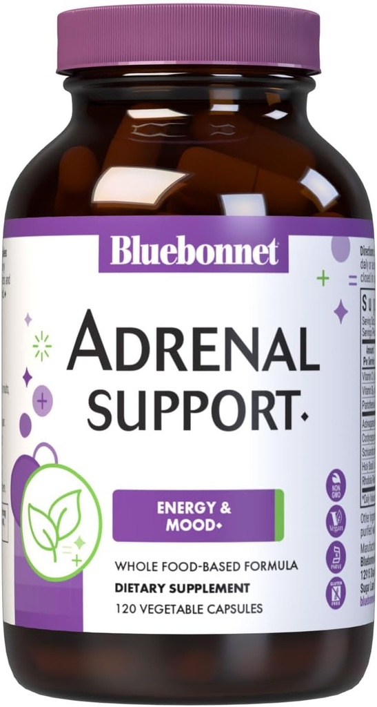 Διατροφή Bluebonnet Adrenal Support, Energy & Mood*, Μη ΓΤΟ, Vegan, Kosher Certified, Χωρίς γλουτένη, Χωρίς σόγια, Γαλακτοκομικά, 120 κάψουλες λαχανικών, 60 εξυπηρετούν