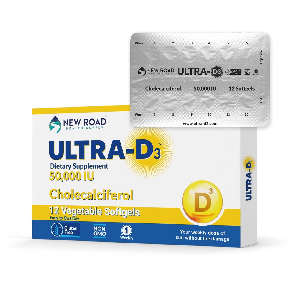 New Road Health Supply, Υψηλής ισχύος Βιταμίνη D3 50.000 IU, Μια φορά-Εβδομαδιαία Softgel, Υποστηρίζει οστά, δόντια & ανοσοποιητική υγεία, Easy-to-Swallow, Gluten-free, 12 Count