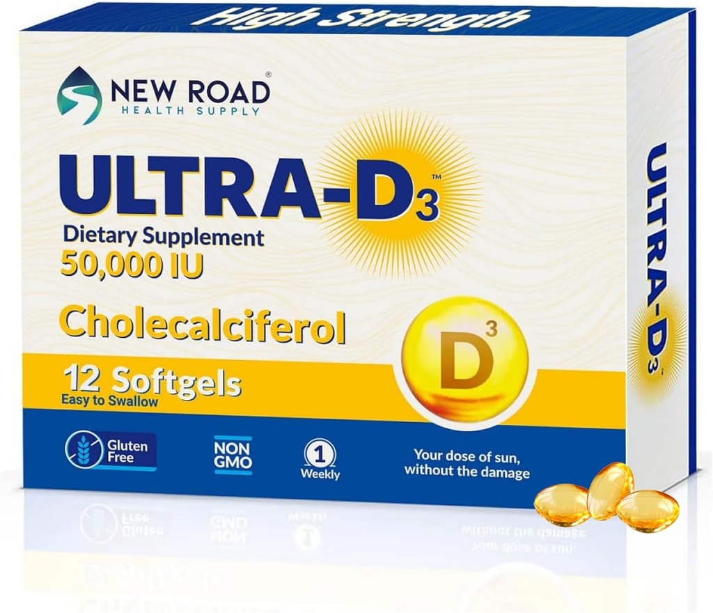 New Road Health Supply, Υψηλής ισχύος Βιταμίνη D3 50.000 IU, Μια φορά-Εβδομαδιαία Softgel, Υποστηρίζει οστά, δόντια & ανοσοποιητική υγεία, Easy-to-Swallow, Gluten-free, 12 Count