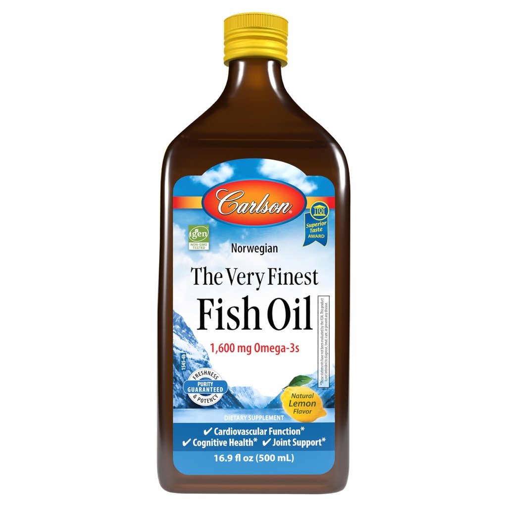 Carlson - The Very Finest Fish Oil, 1600 mg Omega-3s, Liquid Supplement, Norwegian, Wild-Caught, Sustainable Sourced , Lemon, 16.9 Fl Oz