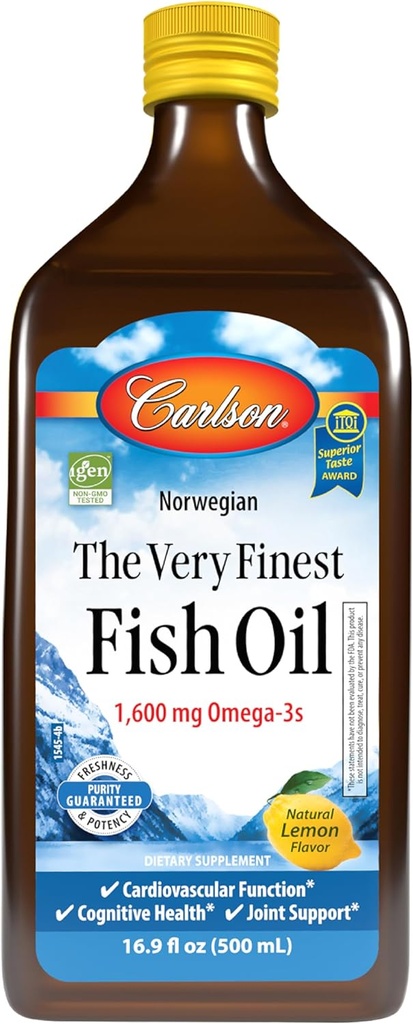 Carlson - The Very Finest Fish Oil, 1600 mg Omega-3s, Liquid Supplement, Norwegian, Wild-Caught, Sustainable Sourced , Lemon, 16.9 Fl Oz