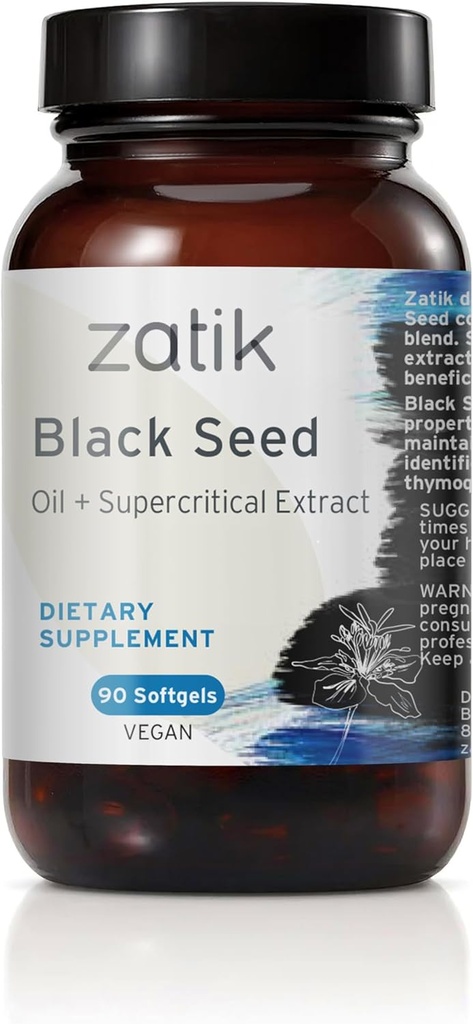 Zatik Naturals - Black Cumin Seed Oil & Supercritical Extract, Ψυχρό Πιέζεται, Δεν έχει καθαριστεί, USDA Βιολογικό, Χωρίς γλουτένη, Vegan, 90 Vegan Softgels
