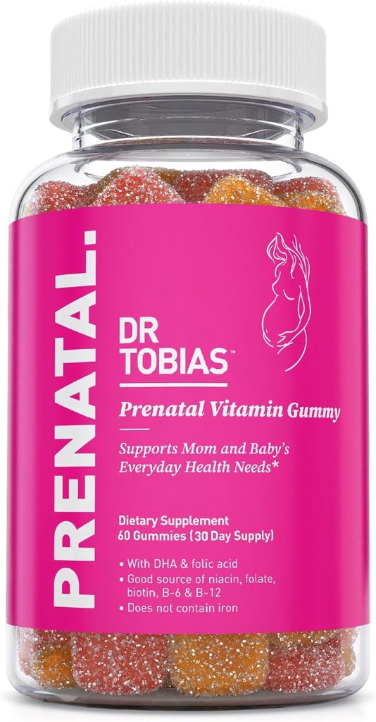 Dr. Tobias Προγεννητική Βιταμίνη Gummy, Σιδήρου χωρίς προγεννητικές βιταμίνες με DHA και φυλλικό οξύ, Νιασίνη, Βιοτίνη, B6, & B12, περιλαμβάνει ιχθυέλαιο, για προ & μεταγεννητική υποστήριξη, 60 Gummies, 30 εξυπηρετούν
