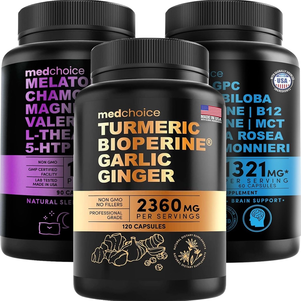 MEDCHOICE Turmeric & Ginger (120ct), Sleep Melatonin (90ct), και Nootropic Brain (60ct) Συμπλήρωμα Bundle - Wellness Trio για τον εγκέφαλο, τον ύπνο, & ανοσοποιητική υποστήριξη - Vegan, μη-GMO, χωρίς γλουτένη