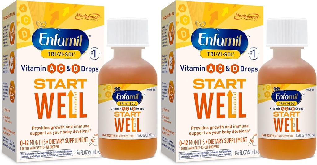 Enfamil Προγεννητικές & παιδικές βιταμίνες Tri-Vi-Sol Βιταμίνη Α, C & D Πολυβιταμίνες σταγόνες για βρέφη, υποστηρίζει την ανάπτυξη & ανοσοποίηση υγεία, 50 mL μπουκάλι σταγονόμετρο, 1,69 Fl Oz (πακέτο του 2), MJ-030