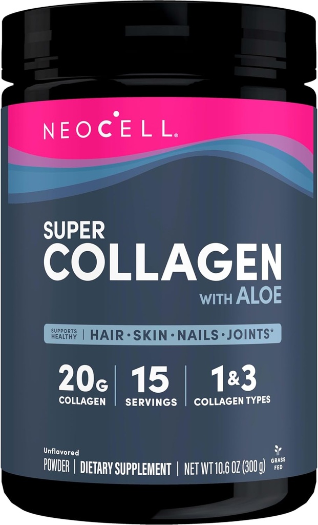 Neocell Super Collagen με Aloe; Collagen Τύπου 1 και 3; Υποστηρίζει υγιή μαλλιά, δέρμα και νύχια; Γλουτένη Χωρίς; Άγευστη σκόνη; 10 g Collagen / Serving; 30 Υπηρεσίες; 10.6 Oz,*