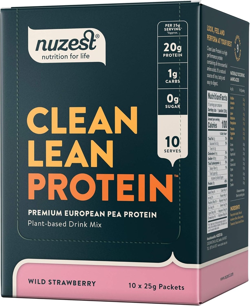 Nuzest - Pea Protein Powder - Καθαρή πρωτεΐνη Lean, Premium Vegan Plant Based Protein Powder, Dairy Free, Gluten Free, GMO Free, Protein Shake, Wild Strawberry, 0.9 oz, (Pack of 10)