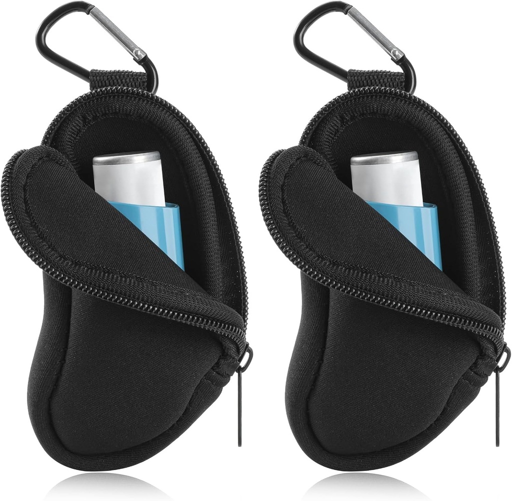 Asthma Inhaler Carrying Holder Neoprene Travel Inhaler Mini Bag for L-Shaped Inhaler, Inhaler Not Included (Black 2PCS)