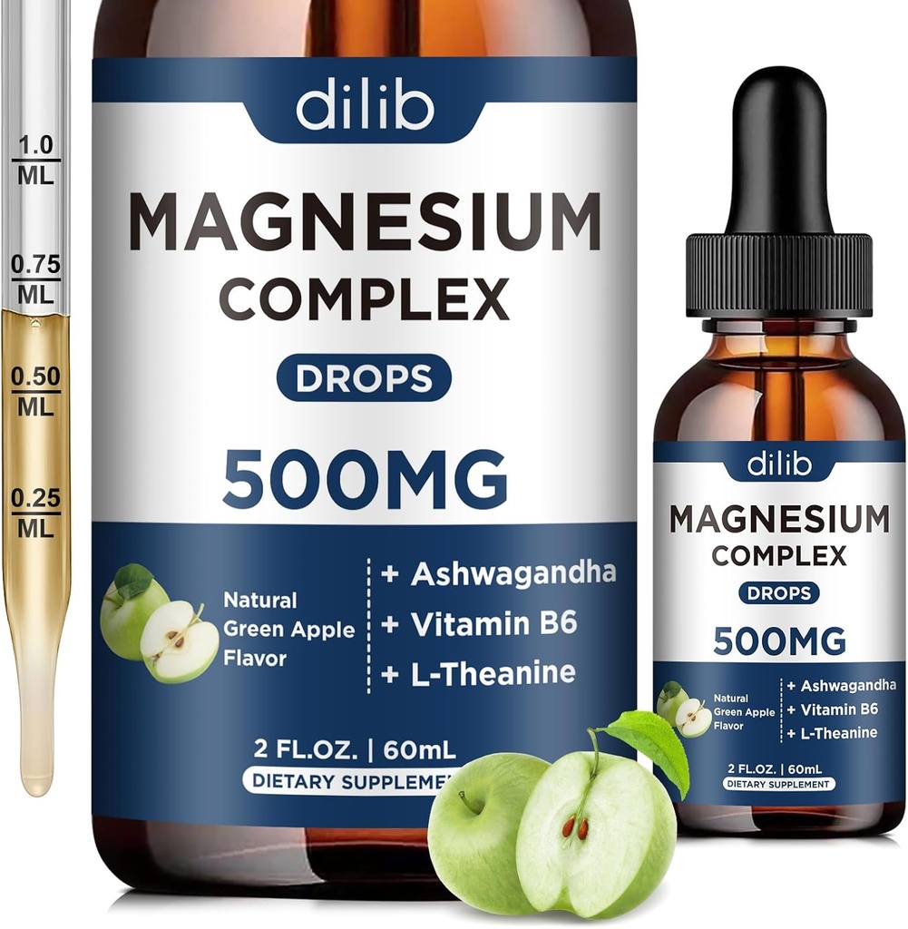 Triple Magnesium Complex Supplement-Magnesium Glycinate, Citrate, Malate Liquid Drops 500mg με Ashwagandha, L-Θεανίνη, B6 για την ηρεμία, το άγχος ανακούφιση, ύπνο, μυϊκή υποστήριξη-πράσινη γεύση μήλου