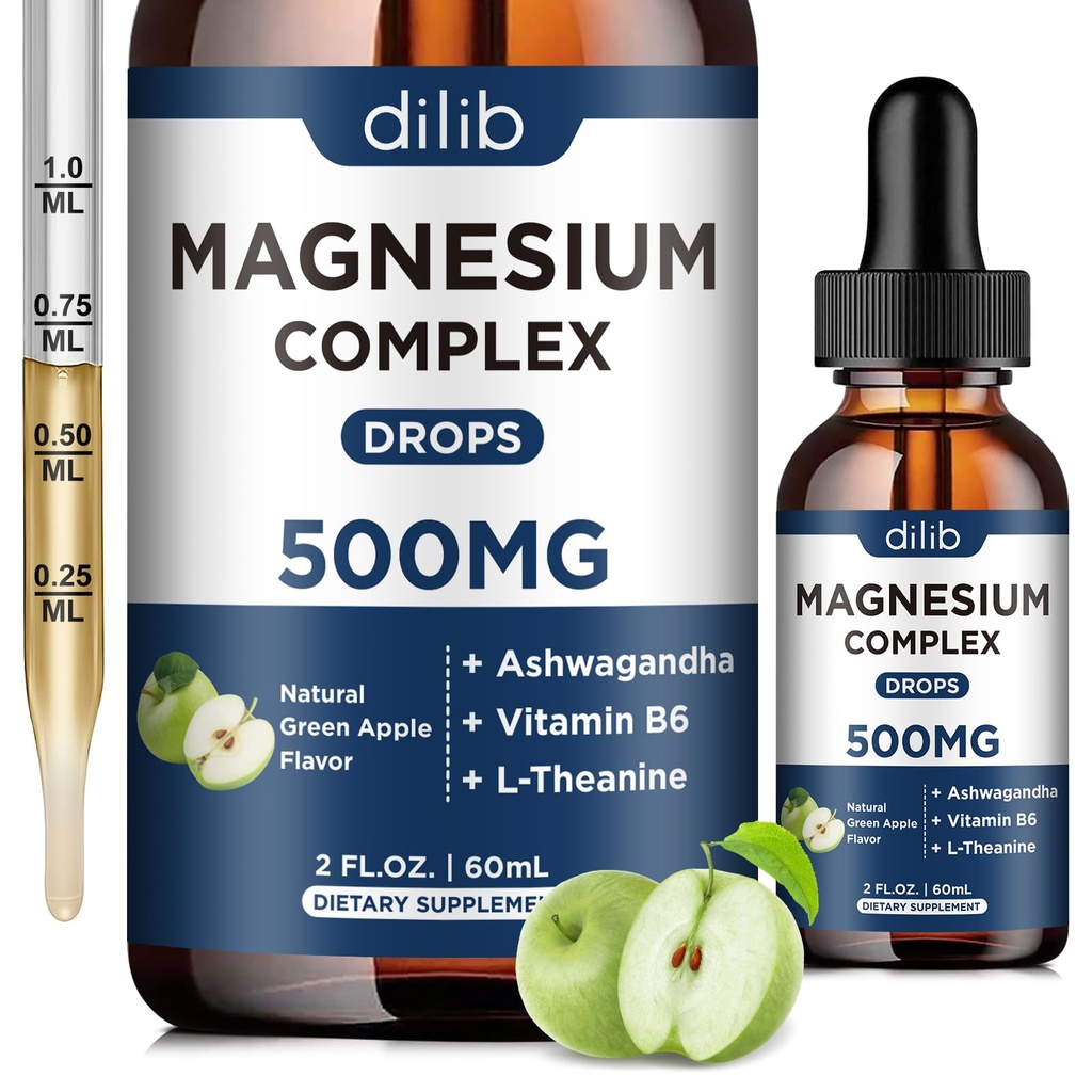 Triple Magnesium Complex Supplement-Magnesium Glycinate, Citrate, Malate Liquid Drops 500mg με Ashwagandha, L-Θεανίνη, B6 για την ηρεμία, το άγχος ανακούφιση, ύπνο, μυϊκή υποστήριξη-πράσινη γεύση μήλου
