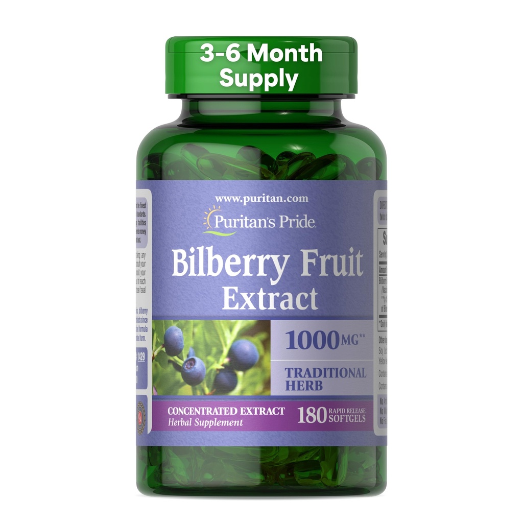 Puritan's Pride Premium Bilberry Fruit Extract 250 mg (1000mg Ισοδύναμο), 4:1 Συμπυκνωμένο συμπλήρωμα βοτάνων, Βιταμίνη C, 3 έως 6 Μήνες Προσφορά, 180 Rapid Release Softgels (Packaging May Vary)