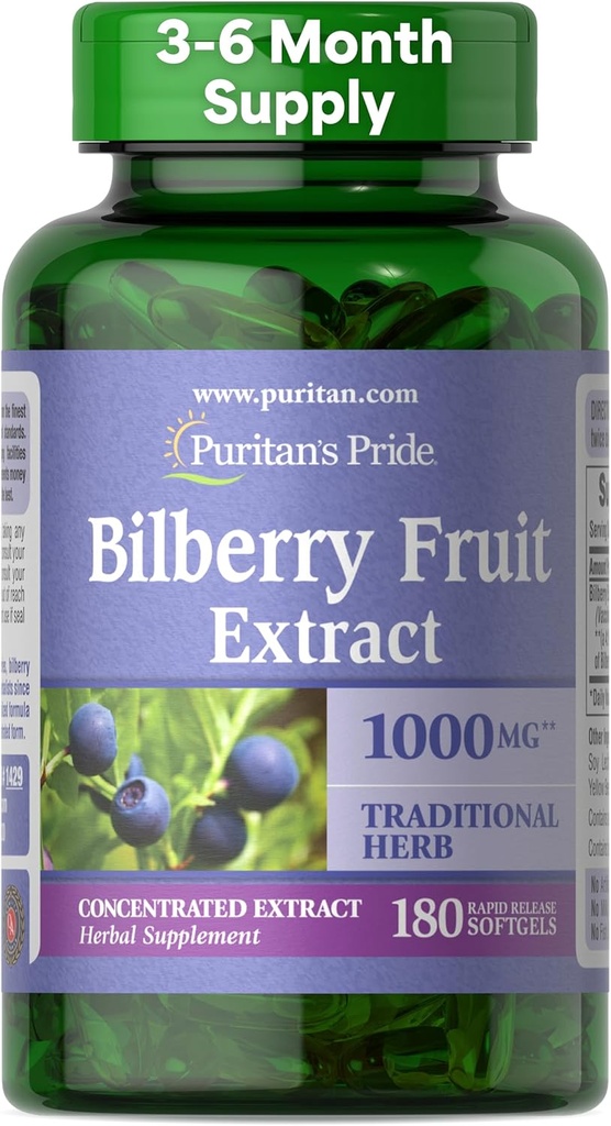 Puritan's Pride Premium Bilberry Fruit Extract 250 mg (1000mg Ισοδύναμο), 4:1 Συμπυκνωμένο συμπλήρωμα βοτάνων, Βιταμίνη C, 3 έως 6 Μήνες Προσφορά, 180 Rapid Release Softgels (Packaging May Vary)