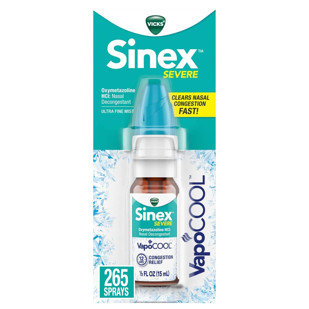 Vicks Sinex SEVERE Nasal Spray με VapoCOOL, Καταπραϋντικό Vicks Vapors, Αποσυμφορητική Ιατρική, Ανακούφιση από την παραμορφωμένη μύτη λόγω Ψυχρού ή Αλλεργίας, & Ρινική Συμφόρηση, Sinus Pressure Relief, 265 Sprays