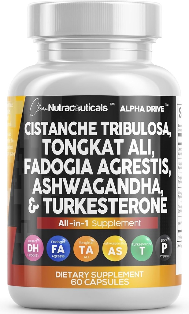 Cistanche Fadogia Agrestis Tongkat Ali Supplement for Men - Turkesterone Ashwagandha Capsules with Black Pepper | Energy Vitality Performance Support 60 Count