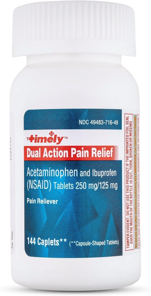 Timely Dual Action Acetaminophen 250 mg και Ibuprofen 125 mg – Γενόσημος Ανακούφιση Πόνου, Πυρετός, Πονοκέφαλος, Εμμηνόρροια Πόνος, Οδοντόκρεμα, Μυϊκός πόνος, Αρθρίτιδα Ανακούφιση Πόνου - 144 Μέτρα