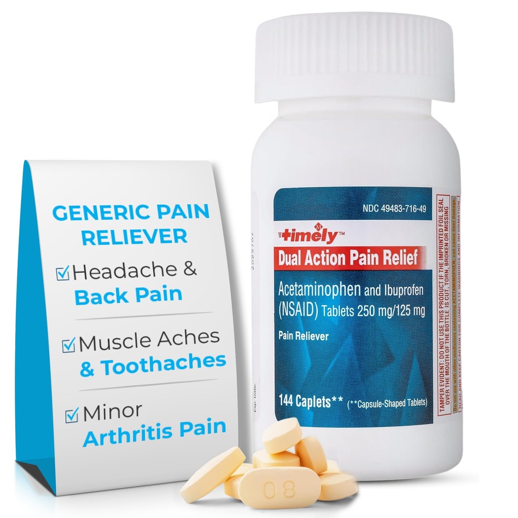 Timely Dual Action Acetaminophen 250 mg και Ibuprofen 125 mg – Γενόσημος Ανακούφιση Πόνου, Πυρετός, Πονοκέφαλος, Εμμηνόρροια Πόνος, Οδοντόκρεμα, Μυϊκός πόνος, Αρθρίτιδα Ανακούφιση Πόνου - 144 Μέτρα