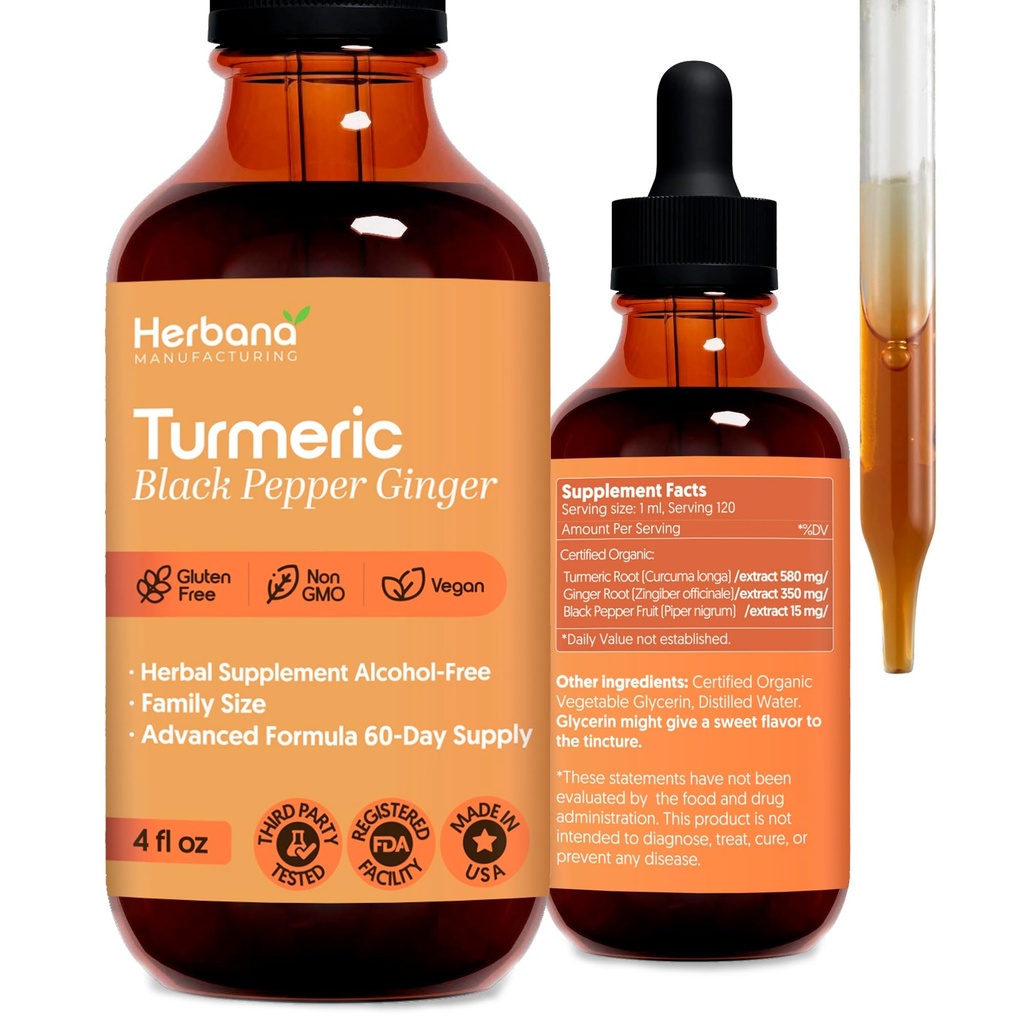 Turmeric 3-in-1 Liquid Extract - Κουρκουμίνη & Τζίντζερ, Μαύρο πιπέρι - Φυσικό συμπλήρωμα βοτάνων - Immune and Brain Booster Βάμμα (2 FL OZ)
