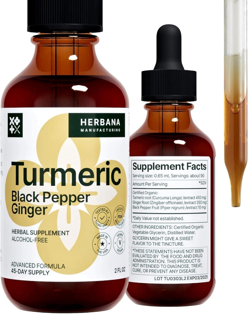Turmeric 3-in-1 Liquid Extract - Κουρκουμίνη & Τζίντζερ, Μαύρο πιπέρι - Φυσικό συμπλήρωμα βοτάνων - Immune and Brain Booster Βάμμα (2 FL OZ)