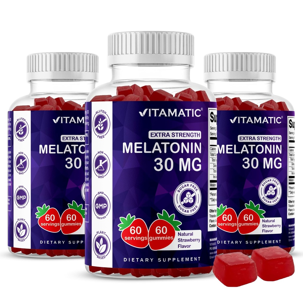 Vitamatic Sugar Free Melatonin 30mg per Gummy - 60 Servings - 60 Χορτοφαγικά Gummies - Μη-Habit Forming Συμπλήρωμα (60 Count (Pack of 3))