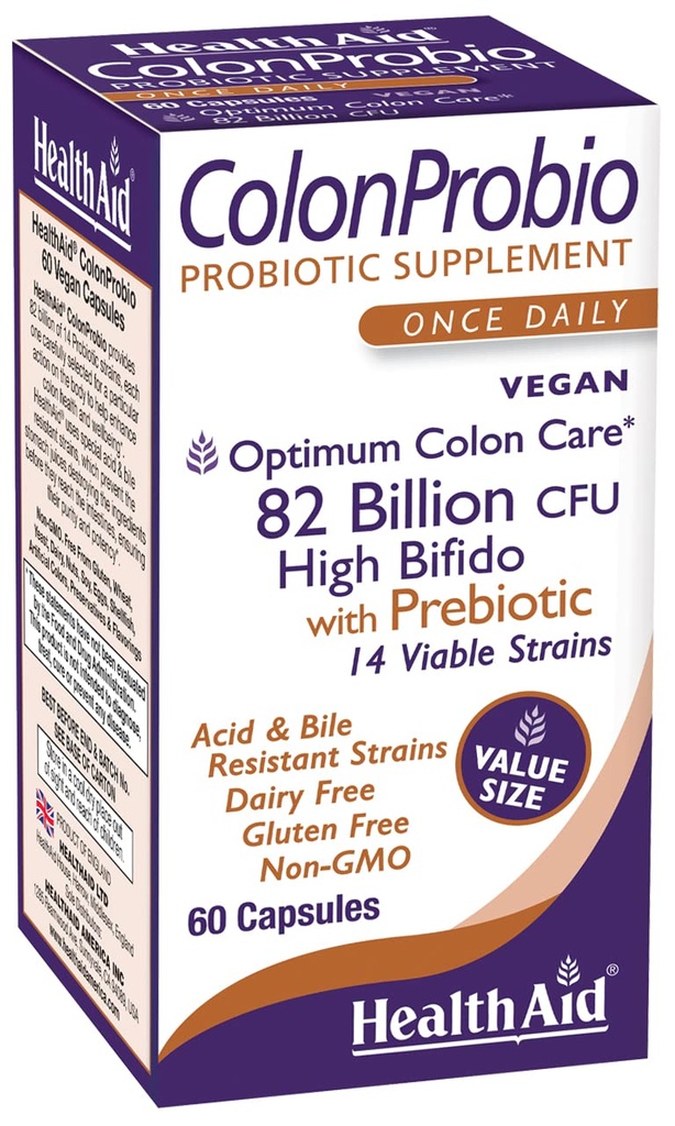 HealthAid ColonProbio 82 Δισεκατομμύρια με προβιοτικό, 14 Strains, Once Daily, 60ct, Optimum Colon Care, Acid & Bile Resistant, Γαλακτοκομικά, Χωρίς γλουτένη, Μη ΓΤΟ, Υψηλή Bifido