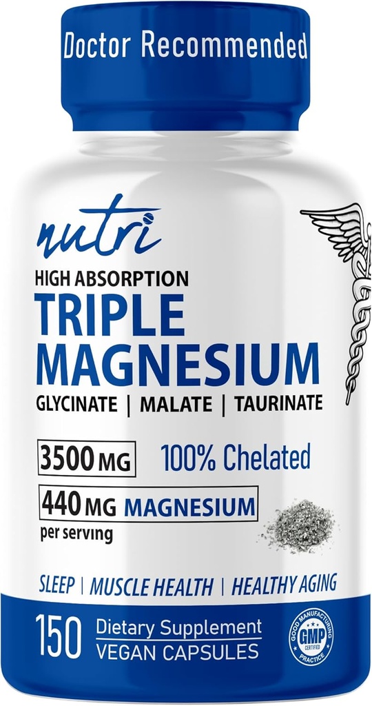 Nutri Triple Magnesium Complex 440mg - Μαγνήσιο Γλυκινικό, Μηλίτη, & Ταυρινικό - 100% Χηλικό για μέγιστη απορρόφηση - 120 Vegan Caps - Τρίκλινο Σύμπλεγμα Μαγνήσιο - Magnesio Triple Complex