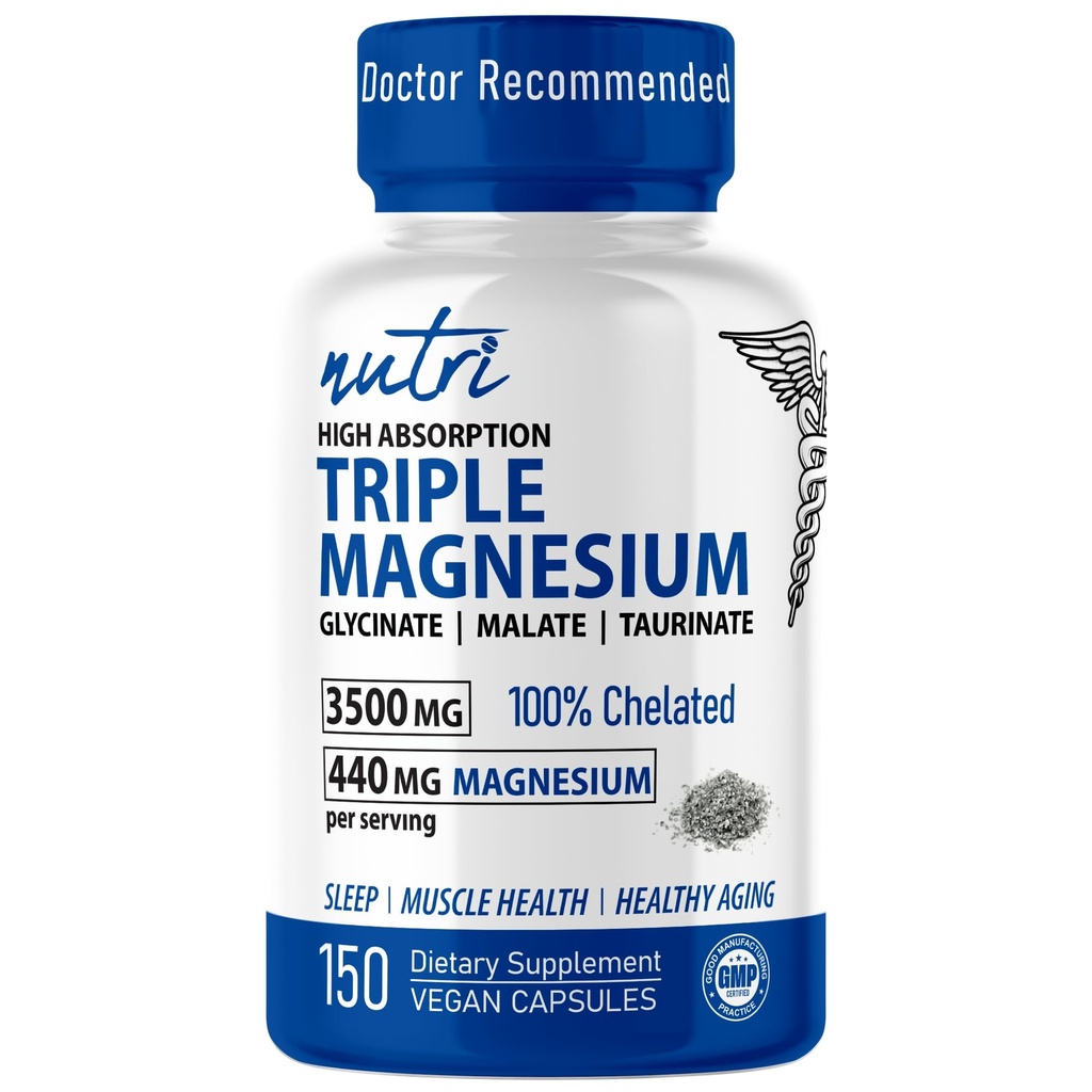 Nutri Triple Magnesium Complex 440mg - Μαγνήσιο Γλυκινικό, Μηλίτη, & Ταυρινικό - 100% Χηλικό για μέγιστη απορρόφηση - 120 Vegan Caps - Τρίκλινο Σύμπλεγμα Μαγνήσιο - Magnesio Triple Complex