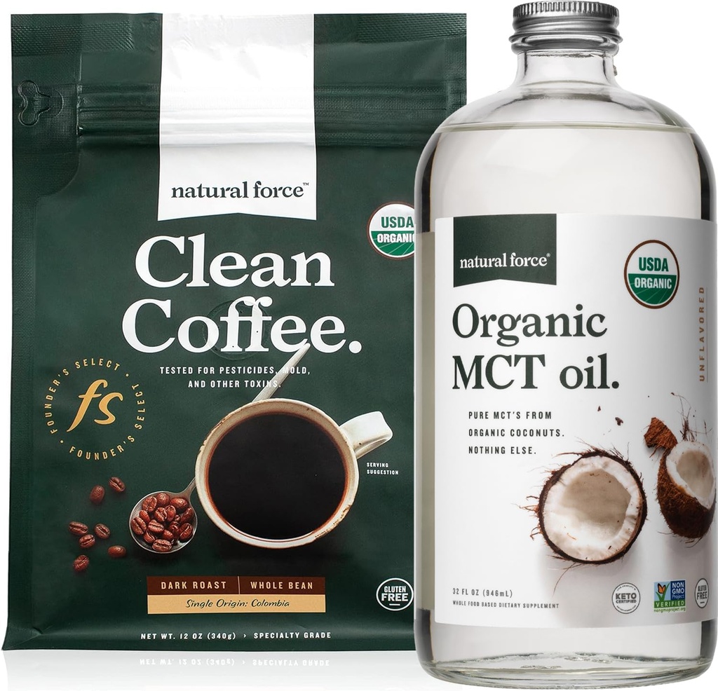 Natural Force Organic Dark Roast Clean Coffee + Organic MCT Oil Bundle – 100% Pure Coconut MCTs & Mold & Mycotoxin Free Coffee – Non-GMO, Keto, Paleo, and Vegan - 12 Oz and 32 Oz