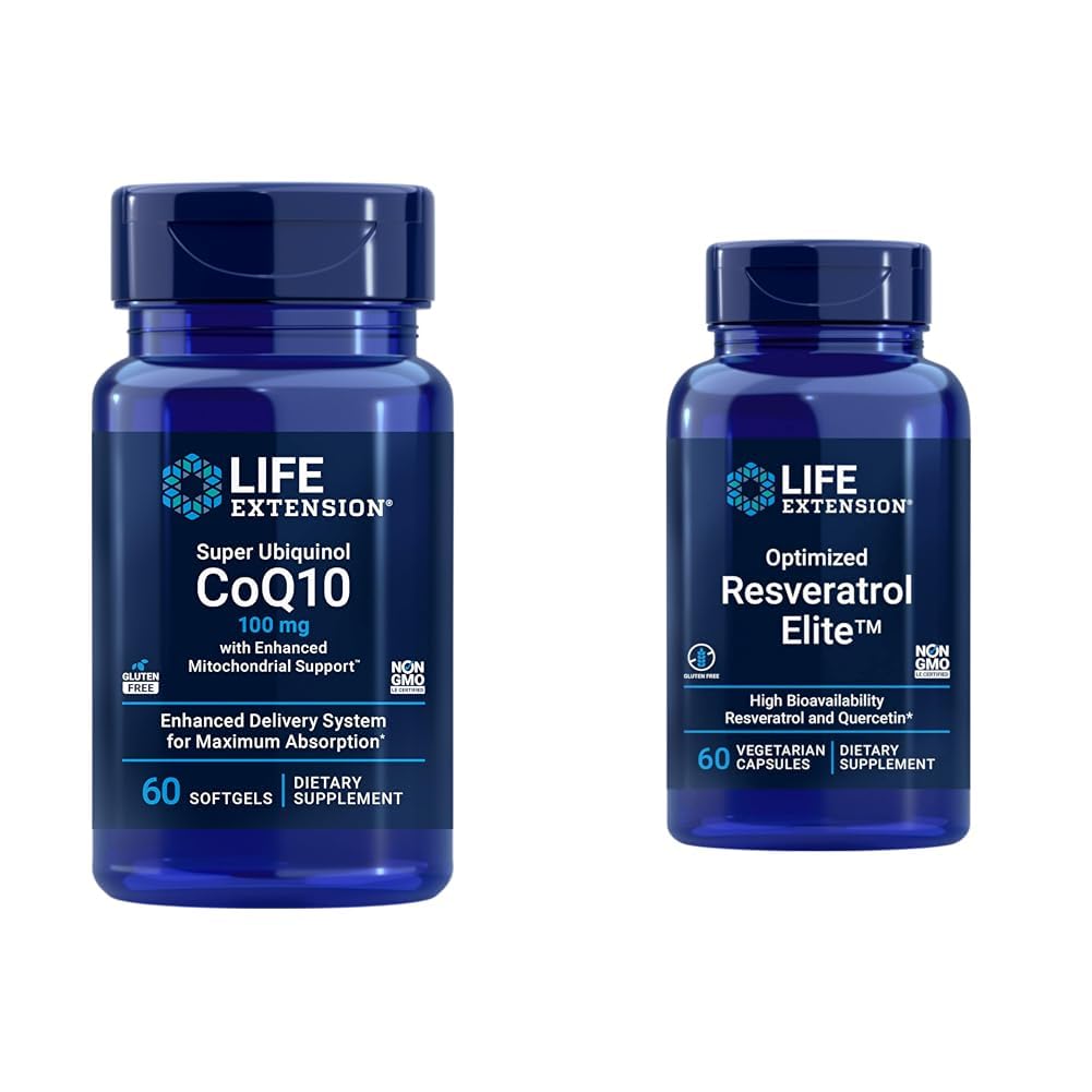 Επέκταση ζωής Super Ubiquinol CoQ10 60 Softgels και Βελτιστοποιημένη Resveratrol Elite 60 χορτοφαγικές κάψουλες