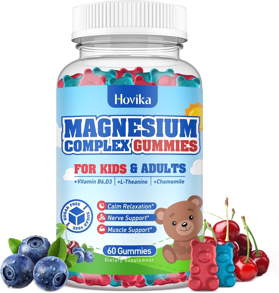 Παιδικό Μαγνήσιο Gummies - Μαγνήσιο Γλυκινικό Κιτρικό Συμπληρώματα Μασώμενα με Βιταμίνη Β6, D3, Πάθος Λουλούδι, L-θεανίνη - Ζάχαρη Δωρεάν Ήρεμη Μαγνήσιο για Παιδιά & Ενήλικες Ύπνος, Τάση, Χαλάρωση, 60 Μασούρια