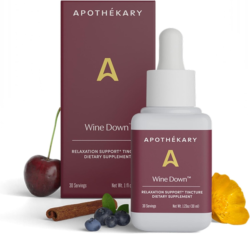 Apothékary Wine Down, Natural Sleep and Relaxation Support, Alcohol-Free Red Wine-Inspired Herbal Liquid Drops, Consists of Blue Vervain, Tart Cherry, and California Poppy, 1 oz, 30 Servings