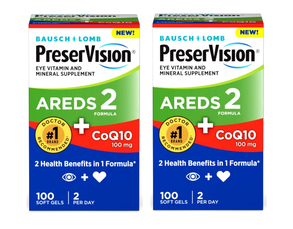 PreserVision Eye Vitamin & Mineral Supplement AREDS 2 Formula + CoQ10, 2-σε-1 Οφέλη υγείας, 100 Softgels (2 ανά ημέρα) Συσκευασία των 2