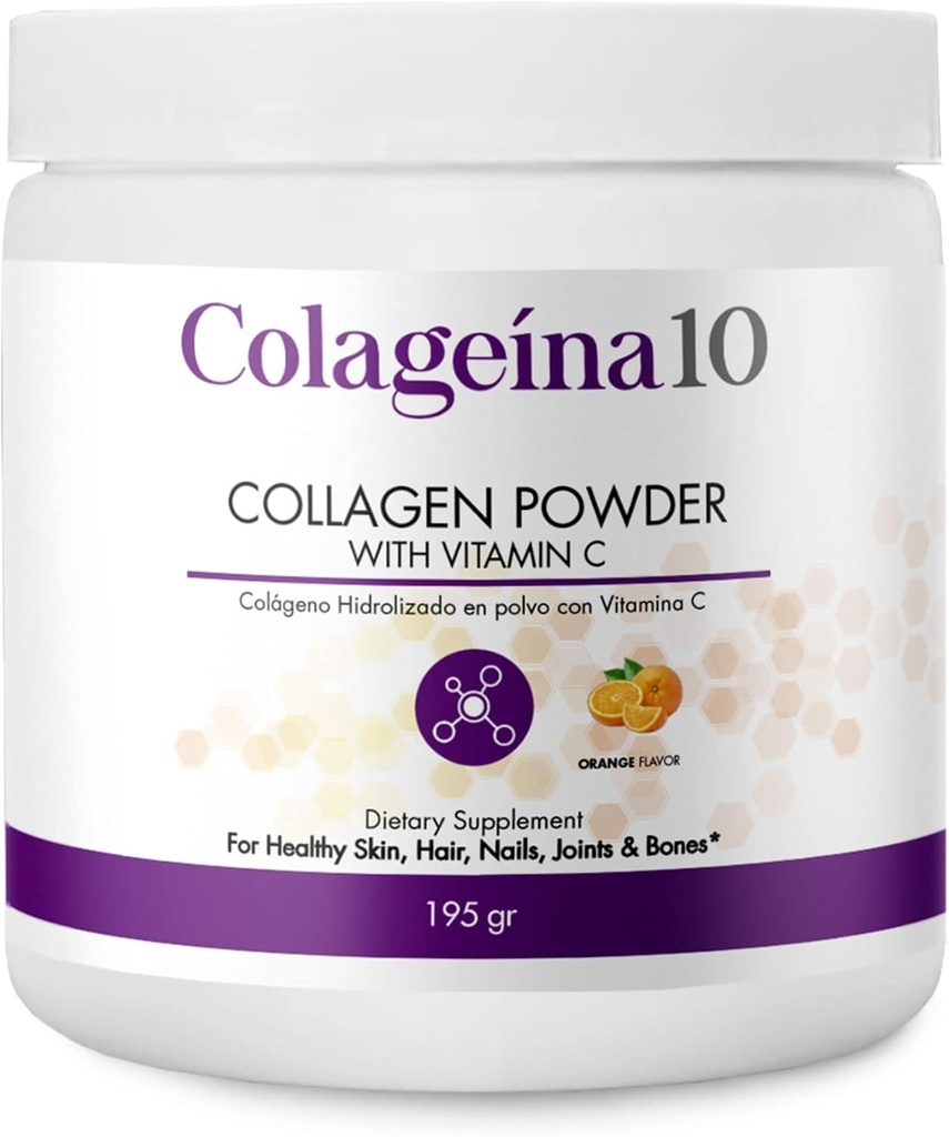 Colageina 10 Hydrolyzed Collagen Powder with Vitamin C (195 gr) - Πορτοκαλί Γεύση - Συμπλήρωμα Διατροφής κατά της γήρανσης για Υγιεινό Δέρμα, Μαλλιά, Καρφάκια, αρθρώσεις, και οστά