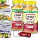 Choice Bundle Spring Valley Fish Oil Ωμέγα 3 συμπλήρωμα λιπαρών οξέων Lemon Softgels 500 mg 60 Ct 2 pk (120 Total) + Vitamin Guide and Pill Container (4 Προϊόντα)!