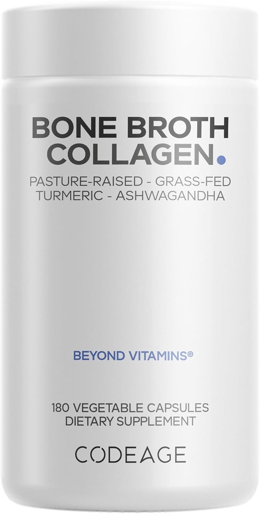 Codage Organic Broth Collagen Peptides Capsules Supplement, Bone Broth Grass Fed Beef, Free-Range Chicken, Turmeric & Ashwagandha - Collagen Types I, II, III - Non-GMO - 180 Κάψουλες