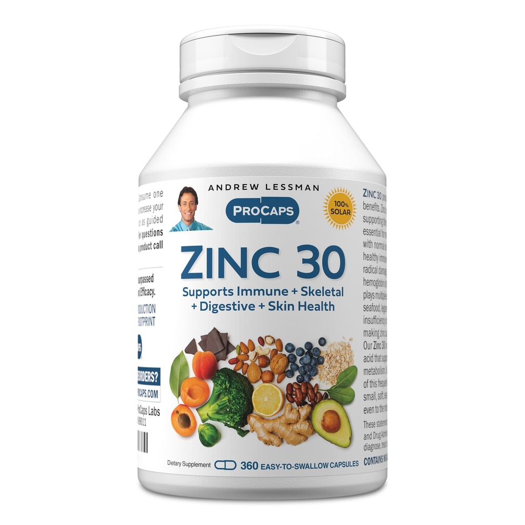 ANDREW LESSMAN Ψευδάργυρος 30mg - 360 Κάψουλες - Υψηλής απορρόφησης κιτρικό ψευδάργυρο. Υποστηρίζει το ανοσοποιητικό, το σκελετικό, το διεγερτικό και το δέρμα υγεία. Μικρά Εύκολα Καταπιείτε Καψάκια. Χωρίς πρόσθετα