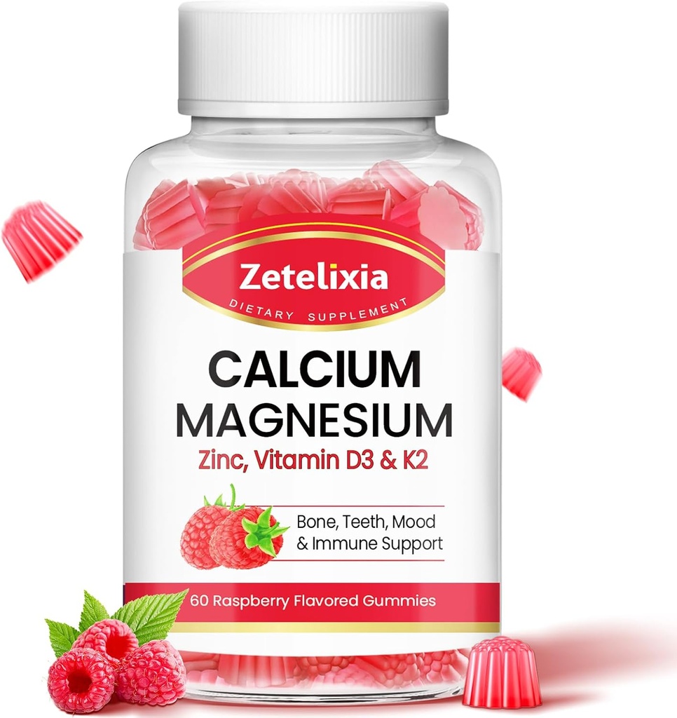 Ασβέστιο Μαγνήσιο Ψευδάργυρος Gummies με βιταμίνη D3 & K2, Ασβέστιο Gummies για B0nes Μύες, Γυναίκες & Άνδρες, Βατόμουρο Γεύση - 60 Count